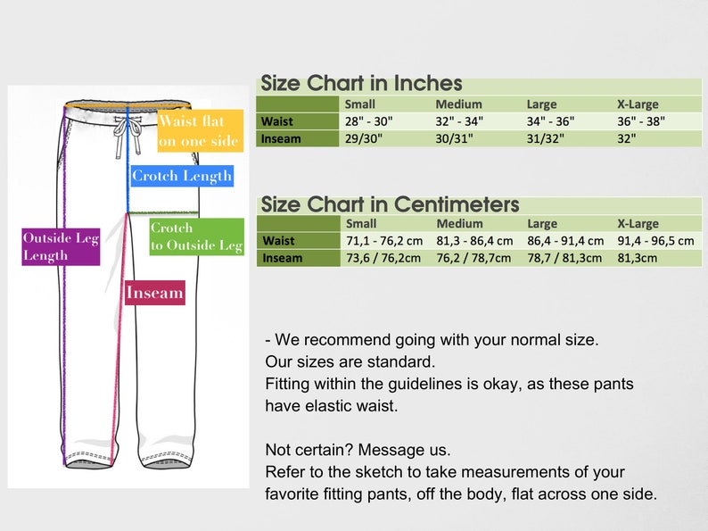 May include: Size chart for trousers in inches and centimetres. The chart shows measurements for waist, inseam, and outside leg length. The chart also includes a diagram of a pair of trousers with labels for waist, inseam, crotch length, and outside leg length.