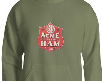 Sudadera con capucha Acme Ham: logotipo vintage de la marca de carne de San Luis