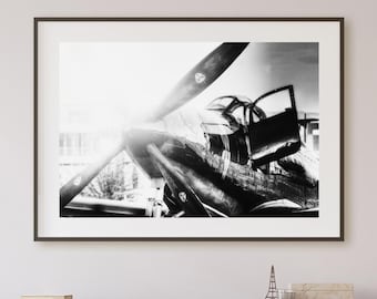 Black and White Warbird Metallic Print – Vintage Airplane Photography