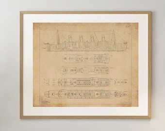 RMS Titanic Blueprint Drawing - Ship Blueprint, Ship Drawing, Titanic Drawing, Old Ship Blueprint, Ship Poster, Nautical Blueprint Décor