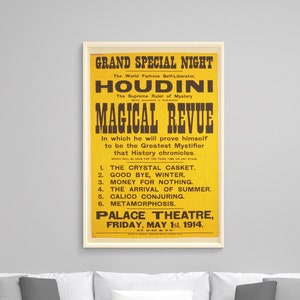 Houdini Magical Revue Show 1914 Poster - Magic Poster, Magician Art, Illusionist Poster, Magic Show Poster, Illusion, Vaudeville Poster