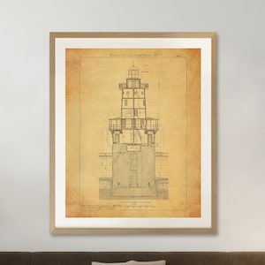 Hooper Island Lighthouse Blueprint - Maryland Lighthouse, Lighthouse Poster Print, Maritime Poster, Beach House Décor, Nautical Decor Print