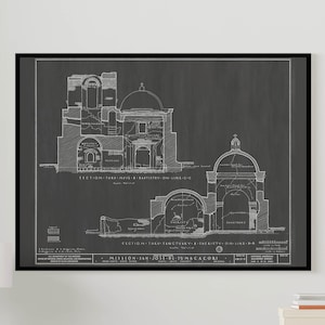 Dibujo de la sección de la Misión de San José de Tumacacori: póster de la Misión de Arizona, plano de la antigua Misión, decoración religiosa, misión histórica