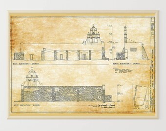 Mission San Juan De Capistrano Elevation Drawing - 1731 Texas Mission Drawing, Old Mission Blueprint, Religious Decor, Historic Mission