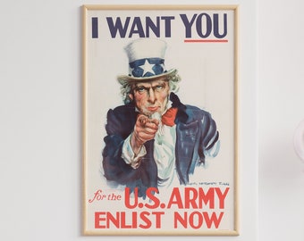 Uncle Sam I Want You World War I Poster - World War 1 Print, World War I Poster,  War Propaganda Poster, US Army Recruitment Poster