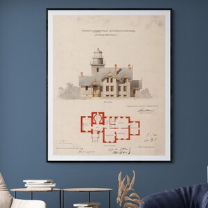 Thirty Mile Point Lighthouse Elevation Drawing - New York Lighthouse, Lighthouse Print, Beach House Décor, Lighthouse Blueprint