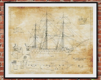 Bonne Homme Richard Sail Ship Blueprint 1765 - Ship Blueprint, Sail Ship Drawing, Boat Blueprint, Old Ship Blueprint, Sail Ship Poster