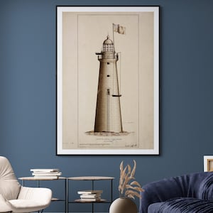 Minot&#39;s Ledge Lighthouse Elevation Drawing Blueprint - Massachusetts Lighthouse, Beach House Décor, Lighthouse Poster, Nautical Poster