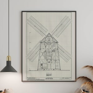 以下が含まれることがあります： 白黒の青写真スタイルの風車のイラストで、下部に「SECTION A-A」というテキストが印刷されています。イラストは額装され、薄い茶色のソファとベージュのクッションのある白い壁に掛けられています。