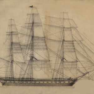 May include: A detailed line drawing of a sailing ship with all sails set. The ship is shown in profile, with the American flag flying from the mast. The drawing is done in black ink on a light brown paper.