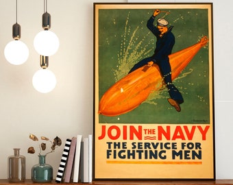 Join the Navy World War II Poster - Navy War Poster, World War 2 Print, World War II Poster, War Propaganda Poster, Vintage Navy Poster