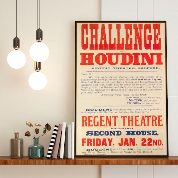 Houdini Challenge Show Poster - Magic Poster, Magician Art, Illusionist Poster, Magic Show Poster, Illusion, Vaudeville Poster, Houdini Show