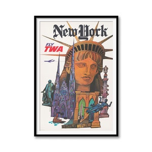 Plakat podróżniczy linii lotniczych w Nowym Jorku - TWA z lat 60., sztuka retro z Nowego Jorku, wystrój w stylu Mid-Century Modern, prezent z historii lotnictwa, sztuka Statuy Wolności