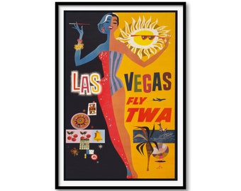 May include: A vintage travel poster advertising a trip to Las Vegas with TWA airlines. The poster features a woman in a red and blue swimsuit standing in front of a yellow sun with sunglasses. The text on the poster reads "Las Vegas Fly TWA".