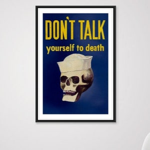 World War II Don&#39;t Talk Navy Poster Blue - Skull Poster, World War 2 Print, World War II Poster, Navy War Poster, War Propaganda Poster