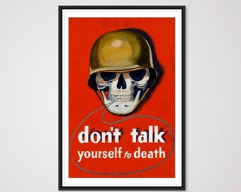 World War II Don't Talk Poster Red - War Poster, Skull Poster, World War 2 Print, World War 2 Poster, Military Poster, War Propaganda Poster