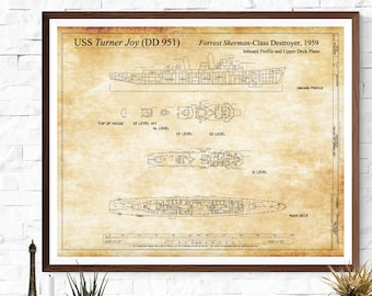 USS Turner Joy Blueprint - Ship Blueprint, Ship Drawing, Navy Destroyers Blueprint, Old Ship Blueprint, Ship Poster, Warship Blueprint