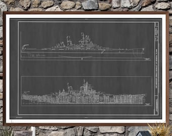 USS Missouri Blueprint - Navy Ship Blueprint, Ship Drawing, Battleship Blueprint, Old Ship Blueprint, Navy Ship Poster, Warship Blueprint