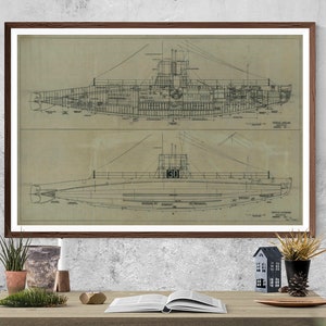 USS H-3 Submarine Blueprint - Nautical Poster, Ship Blueprint, Submarine Drawing, Battleship Blueprint, Old Sub Blueprint, Navy Blueprint