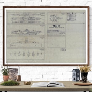 USS G-1 Submarine Blueprint - Nautical Poster, Ship Blueprint, Submarine Drawing, Torpedo Boat Blueprint, Old Sub Blueprint, Navy Blueprint
