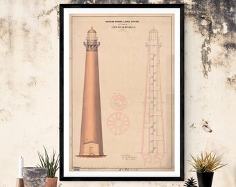 May include: A vintage illustration of a lighthouse design, showing the exterior and interior structure. The drawing is in black and white with red accents, and is framed in a black frame.