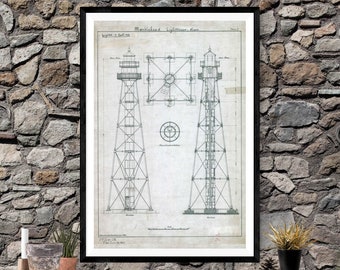 Marblehead Lighthouse Blueprint - Lighthouse Print, Nautical Poster, Beach House Decor, Lighthouse Poster, Massachusetts Lighthouse