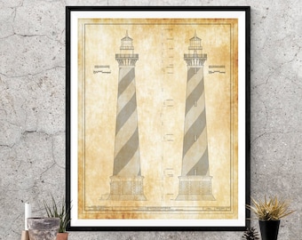 May include: Vintage style blueprint illustration of two lighthouses with striped designs. The blueprint is printed on aged paper with a yellowed hue.