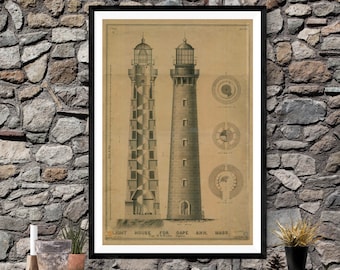 Cape Ann Lighthouse Blueprint - Massachusetts Lighthouse, Lighthouse Print,  Maritime Poster, Beach House Decor, Lighthouse Poster