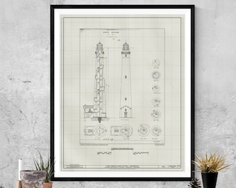 Cape Lookout Lighthouse Blueprint - North Carolina Lighthouse, Nautical Poster, Beach House Decor, Outer Banks Lighthouse Poster Print
