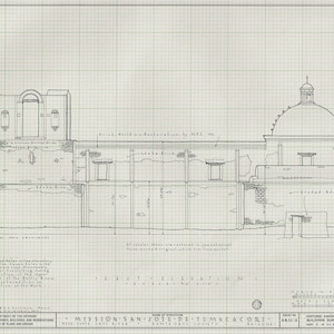 Dibujo de elevación de la Misión de San José de Tumacacori: póster de la Misión de Arizona, plano de la antigua Misión, decoración religiosa, misión histórica
