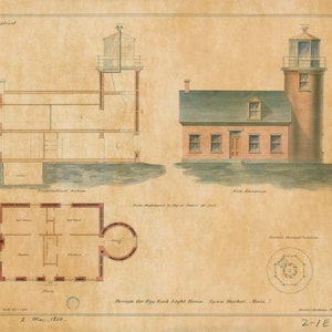 Egg Rock Light Lighthouse Elevation Drawing - Massachusetts Lighthouse, Lighthouse Print, Maritime Poster, Beach House Decor