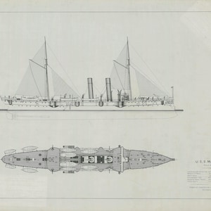 USS Marblehead Ship Blueprint 1892 - Scheepsblauwdruk, zeilschiptekening, bootblauwdruk, oude scheepsblauwdruk, zeilschipposter, marineblauwdruk