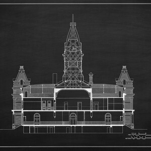 Livingston County Courthouse Blueprint Drawing - Court Blueprint, Illinois Courthouse Drawing, Law Firm Décor, Blueprint Decor, Lawyer Gift
