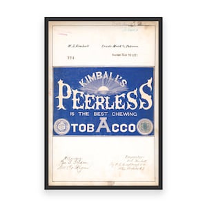 Kimball’s Peerless Chewing Tobacco Trademark 1871 Print - Vintage Tobacco Label, Retro Advertising Art, Antique Chewing Tobacco Decor