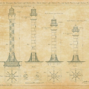 Puede incluir: Un dibujo técnico de tres torres de faro, que muestra las vistas laterales y superiores de cada una. Las torres están etiquetadas como "Sturgeon Bay Canal Light Station, Wis", "Devils Island Light Station, Wis", y "North Manitou Light Station, Mich".