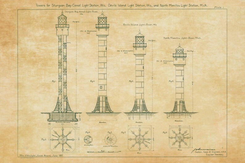 Wisconsin and Michigan Lighthouse Towers Drawings - Lighthouse ...