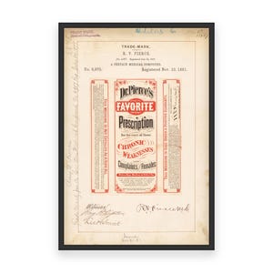 May include: A vintage advertisement for Dr. Pierce's Favorite Prescription, a medical compound for chronic weaknesses and female complaints. The ad features a red and black design with the text "Dr. Pierce's Favorite Prescription" and "Chronic Weaknesses Complaints Females". The ad also includes the text "Trade-Mark" and "Registered Nov. 11, 1881."