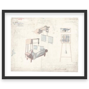 May include: A vintage illustration of a mechanical bed with a person lying in it. The illustration is on a beige background with handwritten text and diagrams. The text includes the words "No. 17 of Machine for Moving Sick Persons".