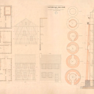 Fenwicks Island Lighthouse Elevation Drawing -  Delaware Lighthouse, Lighthouse Print, Maritime Poster, Beach House Decor