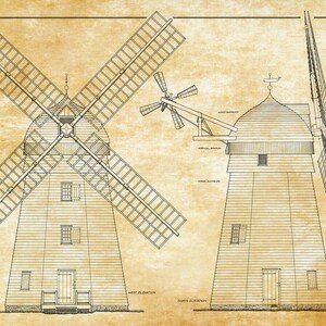 以下が含まれることがあります： 大きな回転するファンが付いた伝統的な木製の風車の線画の青写真。図面は、風車を2つの異なる角度から示しており、「西側立面図」と「北側立面図」のラベルが付いています。