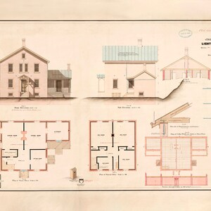 Cape Mendocino Lighthouse Keeper&#39;s Dwelling Blueprint - California Lighthouse, Maritime Poster, Beach House Décor, Lighthouse Poster