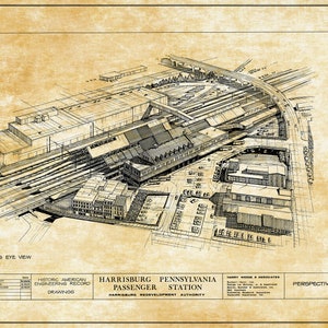 Harrisburg Pennsylvania Railroad Station Drawing - Railroad Poster, Railroad Station Blueprint, Harrisburg Station, Historic Building