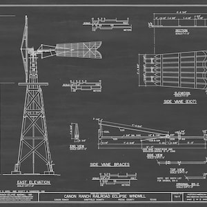 Canon Ranch Railroad Eclipse Windmühle Zeichnung - 1898 Windmühle Poster, Windmühle Blaupause, Farm Dekor, Windmühle in Texas, historisches Gebäude