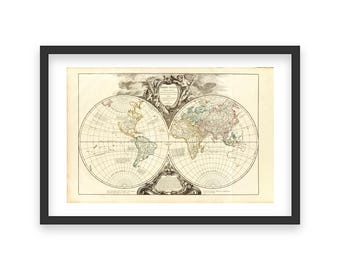 アンティーク世界地図 - 半球 - 1880年 手彩色地図 - 手彩色 - Etsy 日本