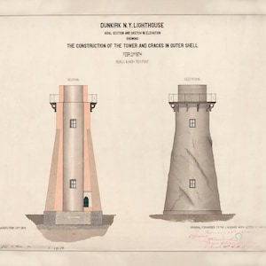 Dunkirk Light Lighthouse Elevation Drawing - New York Lighthouse, Lighthouse Print, Maritime Poster, Beach House Decor,  Point Gratiot Light