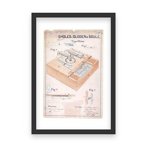 Impresión de patente de máquina de escribir de 1868: equipo de oficina antiguo, plano de máquina de escribir, tecnología de escritura histórica, obsequio de escritor