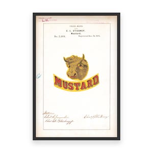 Marca registrada de mostaza C.L. Stickney de 1874: arte de etiqueta de mostaza vintage, diseño de empaque retro, decoración de pared culinaria antigua, arte de cocina