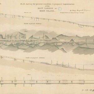 Boon Island Boat Railway Sketch of Present and Proposed Improvements Drawing - Maine Lighthouse Print, Beach House Décor, Nautical Poster