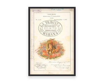 Impresión de la marca registrada de puros La Traviata de 1882: etiqueta de puro habano antiguo, arte clásico del tabaco, decoración cubana