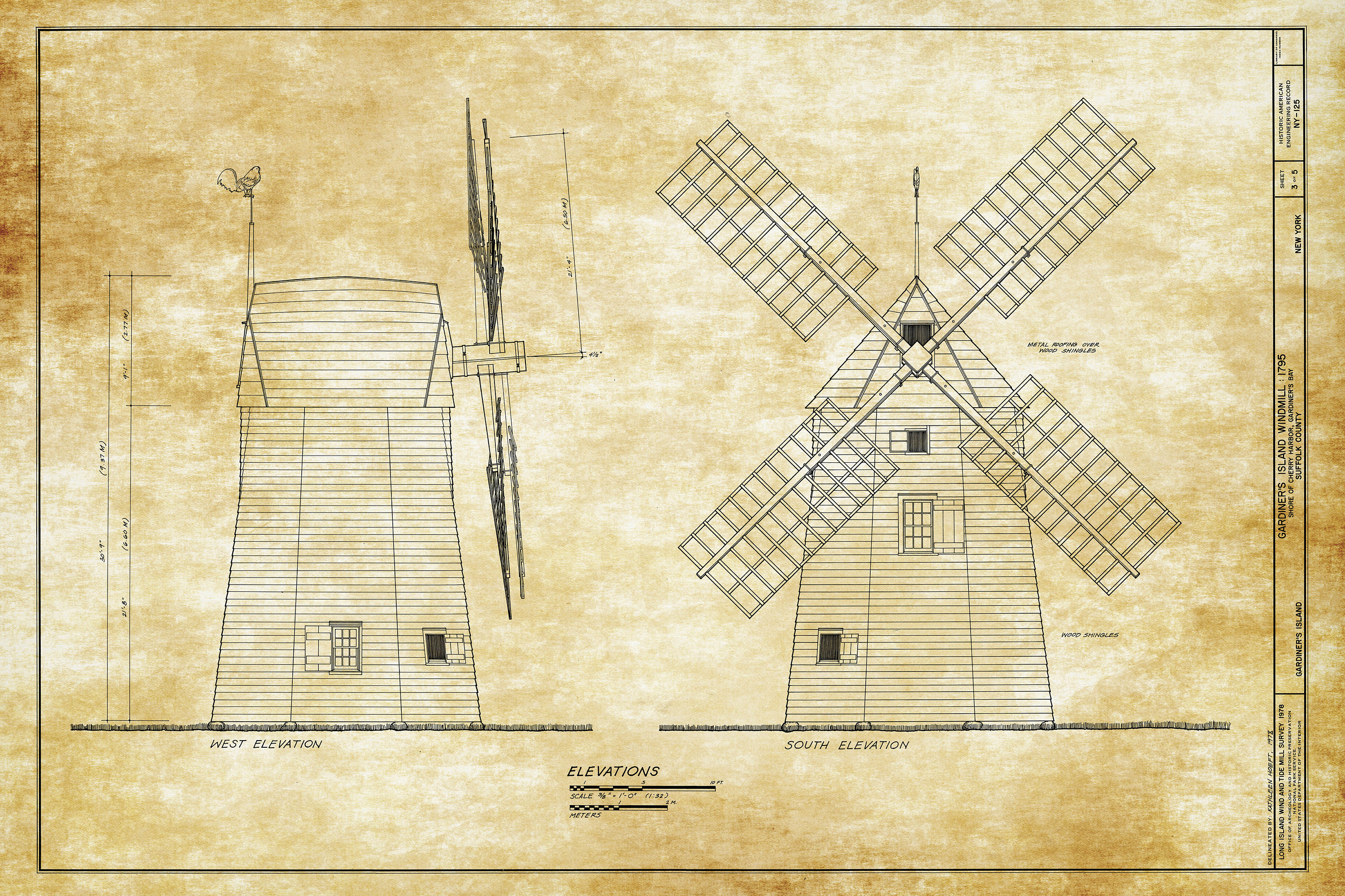 Windmill Blueprint Exploded View Gardiners Island Windmill Blueprint – 1795 New York Elevation Drawing ...